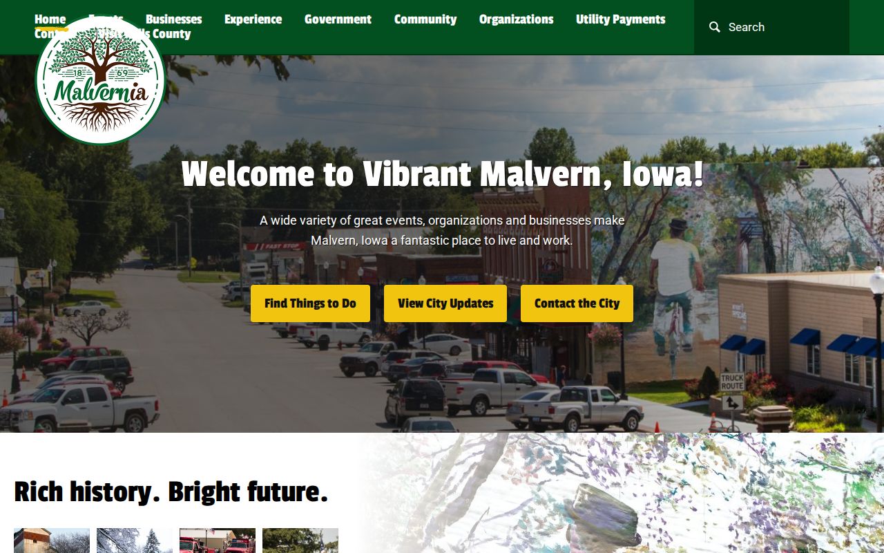 Malvern city hall source for municipal records in Mills County